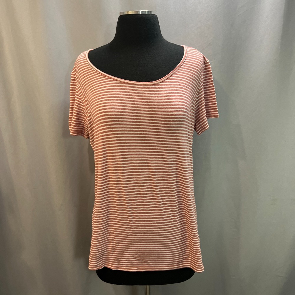 Free Kisses Top Womens XL Maroon White Striped Rayon Criss Cross Back Round Neck